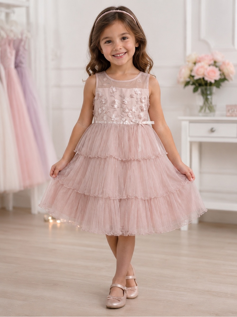 Jona Michelle Blush Pink Floral Appliqué Tiered Tulle Party Dress Girls Size 5